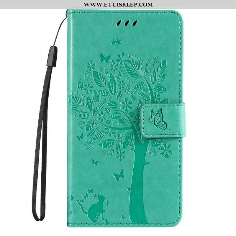 Etui Folio do Moto G73 5G z Łańcuch Drzewo I Pasiasty Kot